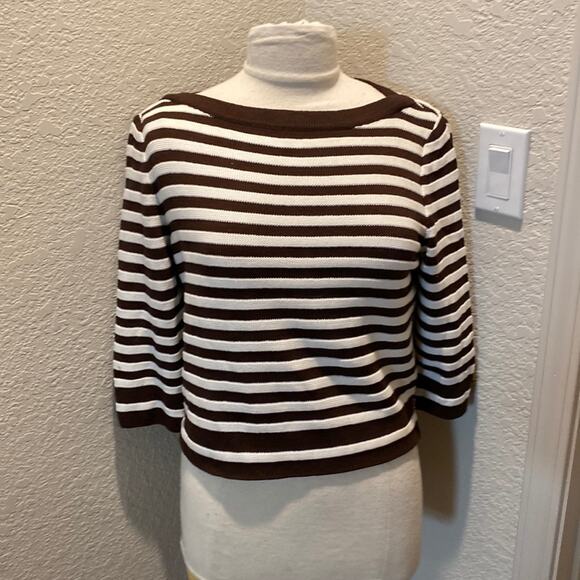 St. John Sport Women’s Brown & White Striped Cropped Knit Sweater Sz Sm - Picture 1 of 12